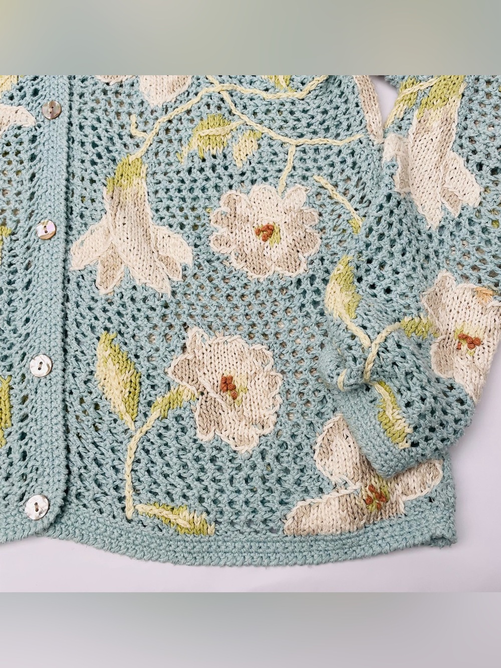 Vintage David Brooks Hand-Knitted Open-Weave Floral Cardigan Linen & Silk Blend - Picture 5 of 8